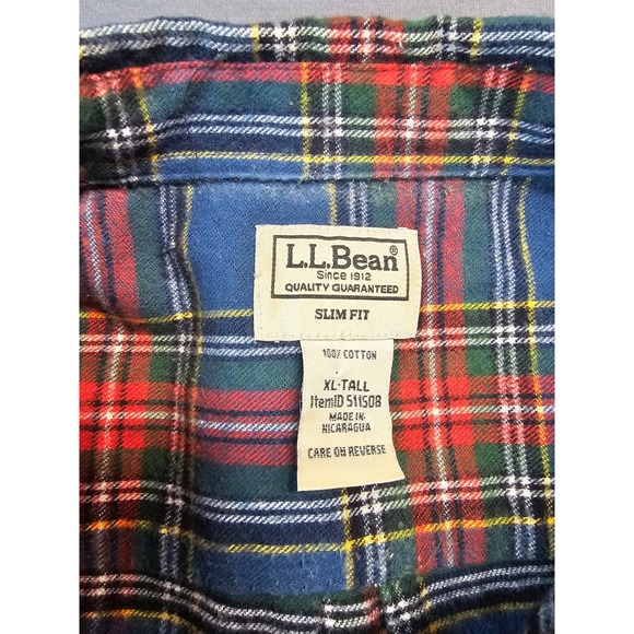 LL Bean Mens Flannel Shirt Plaid Button Down Slim Fit XL Tall Blue Red Green - Picture 2 of 5